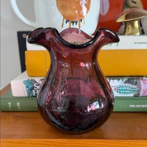 Vintage ruffled amethyst blown glass vase